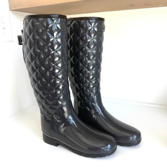 Hunter Gloss Quilted Tall Rain Boots Charcoal Rubber Waterproof 7 Women EUC - Picture 13 of 15